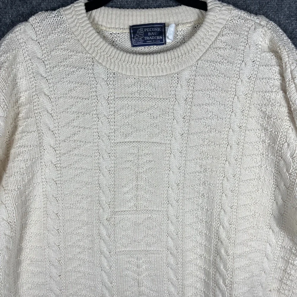 Vintage Peconic Bay Traders Sweater Mens‎ M Ivory Cable Knit Cotton Made in USA - Picture 3 of 6